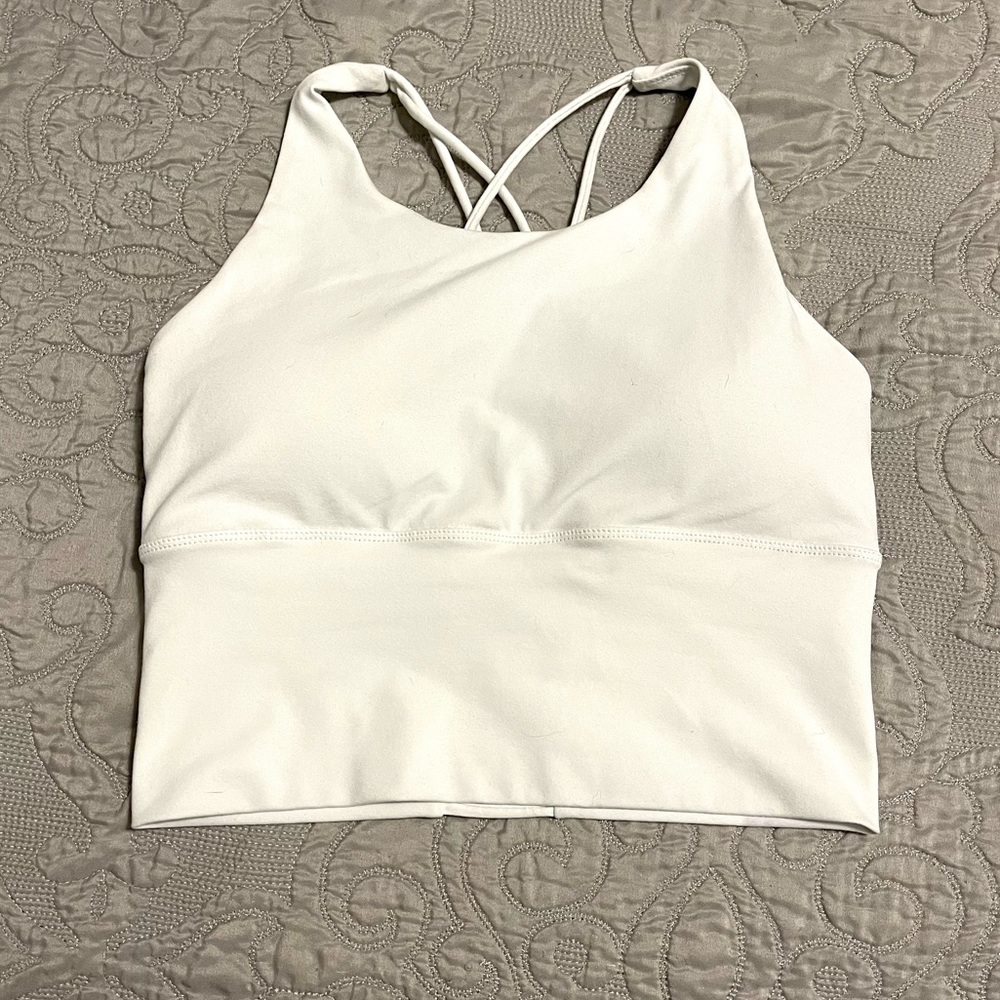 Open back strappy white longline sports bra top with cups (small)